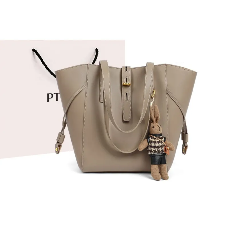 PT'SON Cow Leather With Synthetic Leather Tote Bag, Shoulder Bag, Handbag Women's Elderberry Brown/Khaki-5