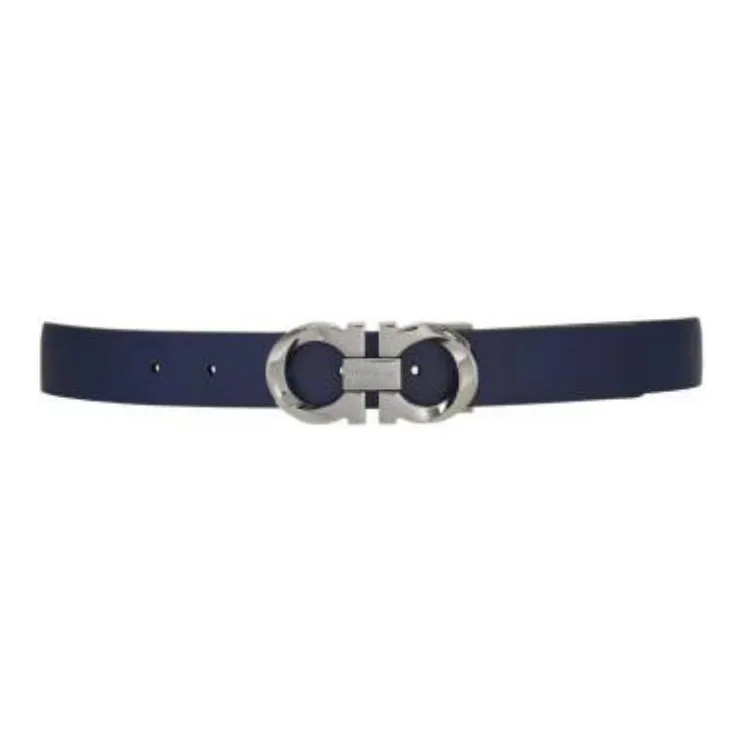 FERRAGAMO Emblem Smooth Buckle Design Calfskin Leather Belts Men's Blue Width 3.5CM-1