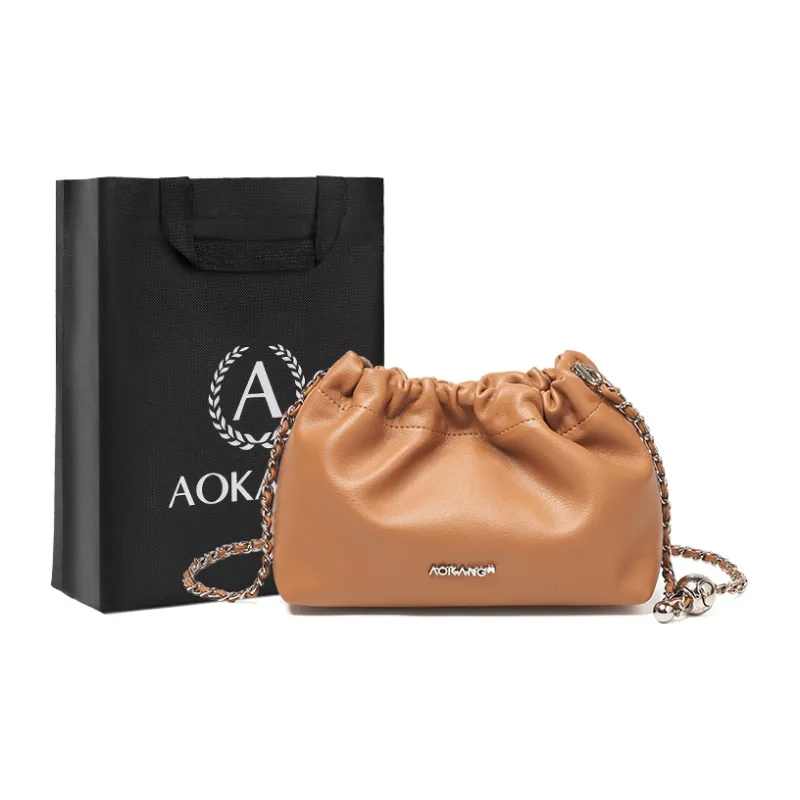 AOKANG Cow Leather Crossbody Shoulder Bag Small Size Women's Cream Apricot/Cookie/Classic Black-5