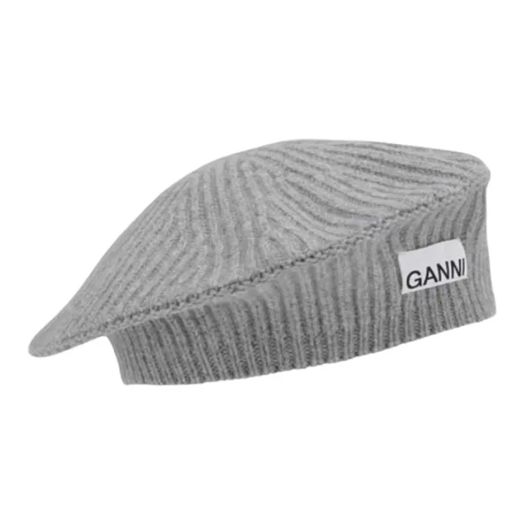 GANNI Knitted Fabric Blend Berets Women's Gray/Black/Milk Tea Beige-0