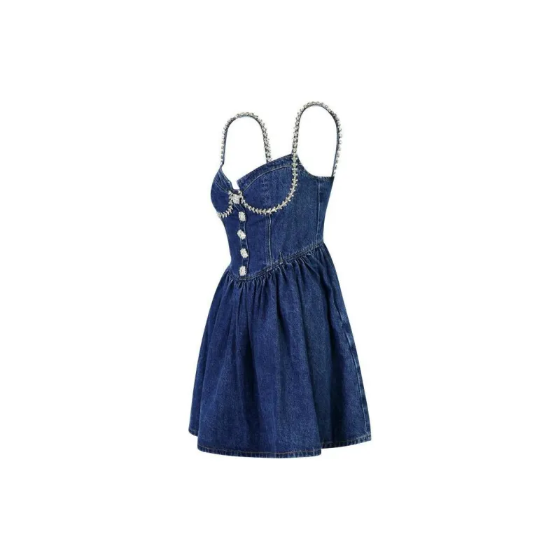 Self portrait Embellished Denim Flared Mini Dress-2