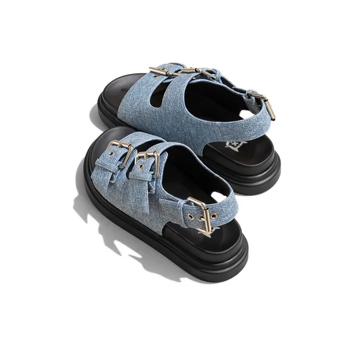 Old Meow Casual Flat Beach Sandals 4cm Women's Blue-3