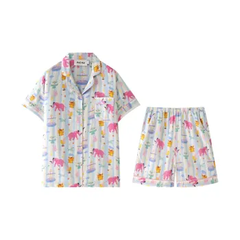 Wabi Town 100% Cotton Short Sleeved Shirt Spring/Summer Cartoon Casual Pajama Set Women's Multicolor