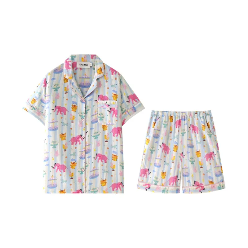 Wabi Town 100% Cotton Short Sleeved Shirt Spring/Summer Cartoon Casual Pajama Set Women's Multicolor-0