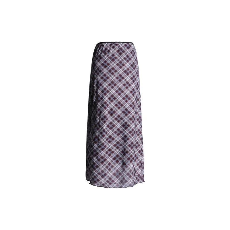FHMY Casual Long Skirts Women's Blue And Green Plaid-1
