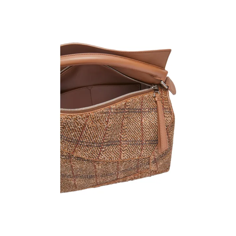 LOEWE Puzzle Plaid Patchwork Cow Split Leather Shoulder Bag Crossbody Bag Handbag Large Size Women's Tan-5