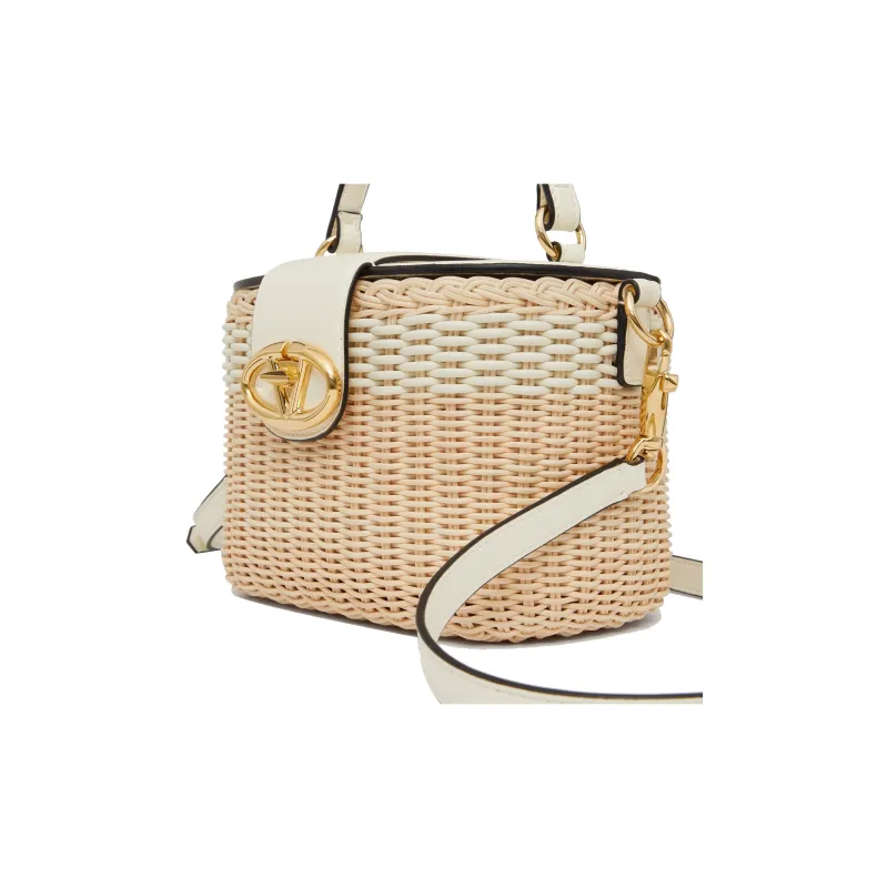 Valentino Vlogo Wicker Handbag Shoulder Bag Crossbody Bag Box Bag Makeup Bag Women's Natural Laminated Ivory-6