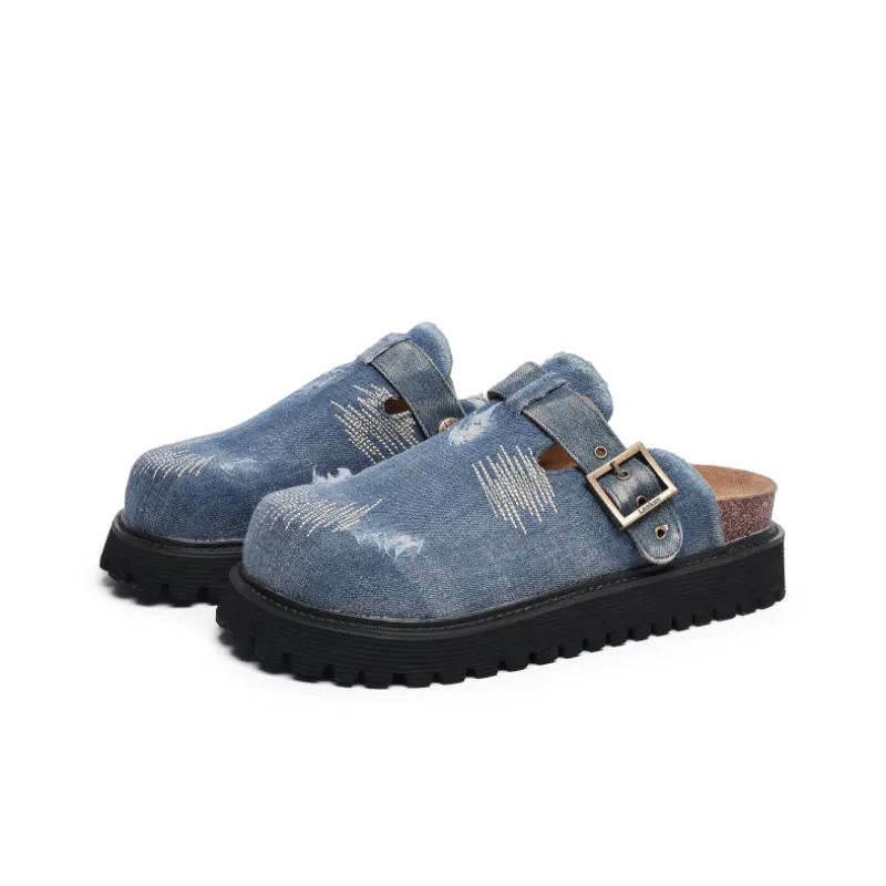 Angelmi Abrasion Resistant Slip Resistant Wrap toe Slippers Unisex Denim Blue-1