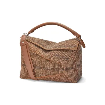LOEWE Puzzle Plaid Patchwork Cow Split Leather Shoulder Bag Crossbody Bag Handbag Large Size Women's Tan