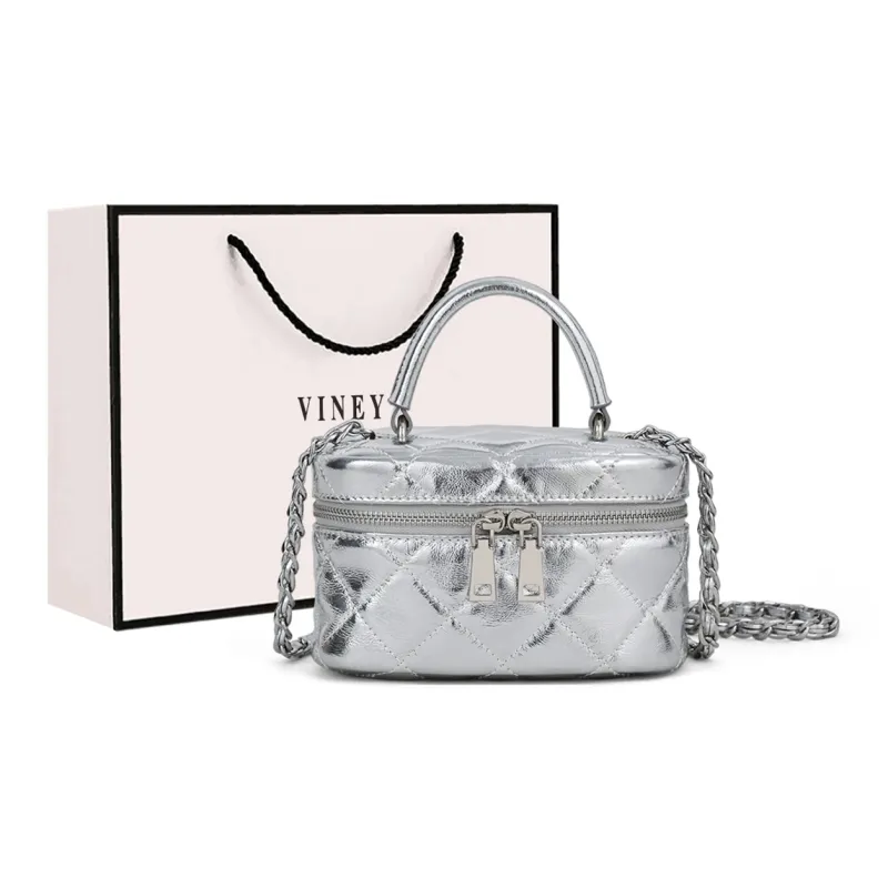 VINEY Cow Leather Shoulder Bag, Crossbody Bag, Box Bag Mini Women's Silver-5