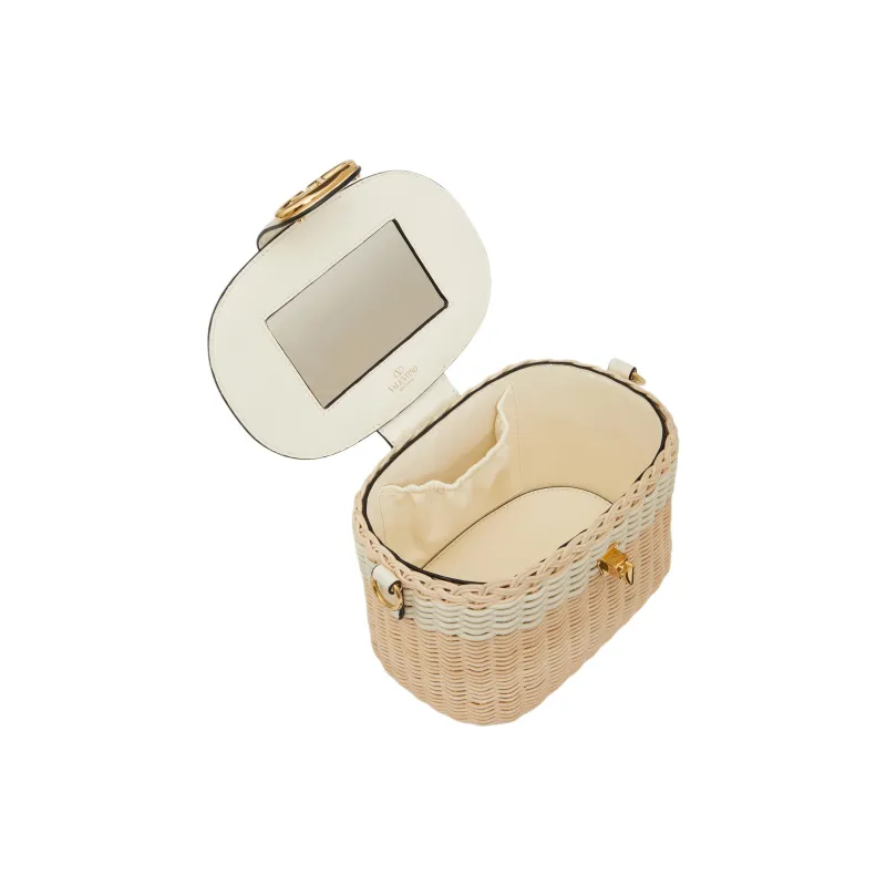 Valentino Vlogo Wicker Handbag Shoulder Bag Crossbody Bag Box Bag Makeup Bag Women's Natural Laminated Ivory-5