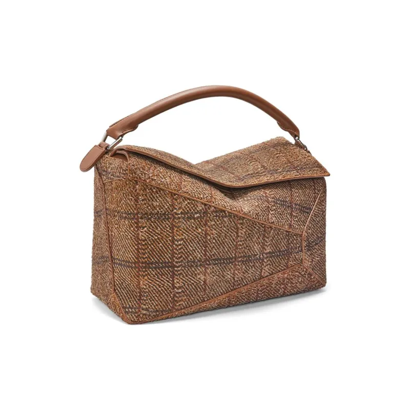 LOEWE Puzzle Plaid Patchwork Cow Split Leather Shoulder Bag Crossbody Bag Handbag Large Size Women's Tan-2
