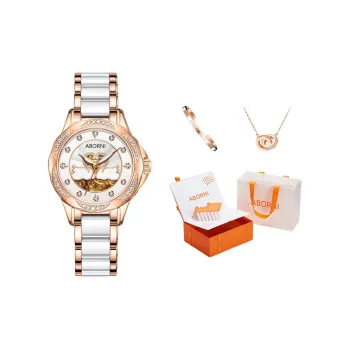 ABORNI Elegant Swan Collection Automatic Mechanical Movement Ceramic Strap Watch Women's Watch White Dial