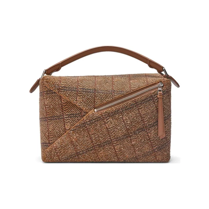 LOEWE Puzzle Plaid Patchwork Cow Split Leather Shoulder Bag Crossbody Bag Handbag Large Size Women's Tan-3