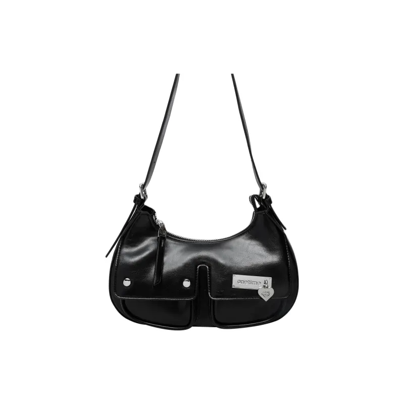 ONE TIME Synthetic Leather Shoulder Bag Trumpets Women's Black/Metallic Silver-5
