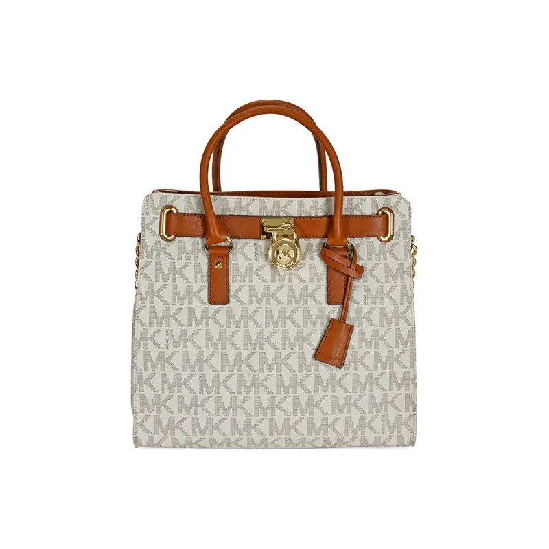 MICHAEL KORS Hamilton Series PVC One Shoulder Handbags Large Size Women's Vanilla White & Leather Brown-0