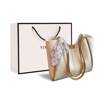 VINEY Cow Leather One Shoulder Shoulder Bag Tote Shopping Bag Large Size Women's White & Khaki/Coffee