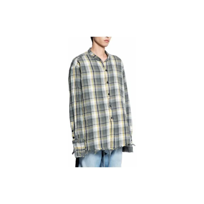 GREG LAUREN Raw-cut Hem Plaid Cotton Shirt-2