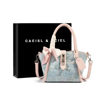 CAEISL&KCIEL Polyurethane Bonded Synthetic Leather Handbag Women's Blue And White Embroidered Pink