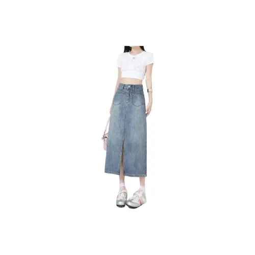 TLONELY1 Denim Long Skirts Women's Vintage Blue