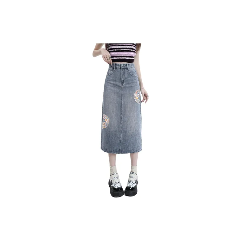 Weixi Denim Long Skirts Women's Blue-4