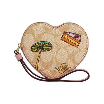 COACH Observed By Us Collaboration Heart Artificial Leather Coin Purse Mini Women's Light Khaki & Light Pink