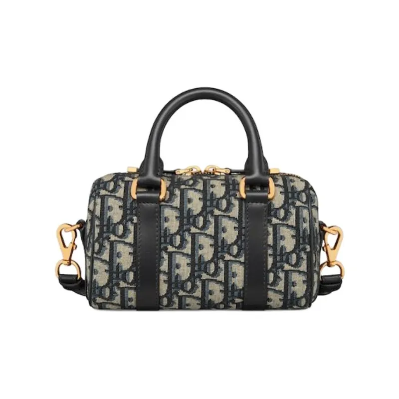 DIOR Grained Cow Leather With Fabric Boston Bag Handbag Shoulder Bag Crossbody Bag Mini Women's Blue Black-4