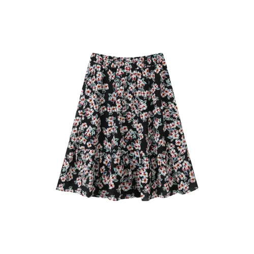 H-YXIANG Casual Long Skirts Women's Black Background With Flowers