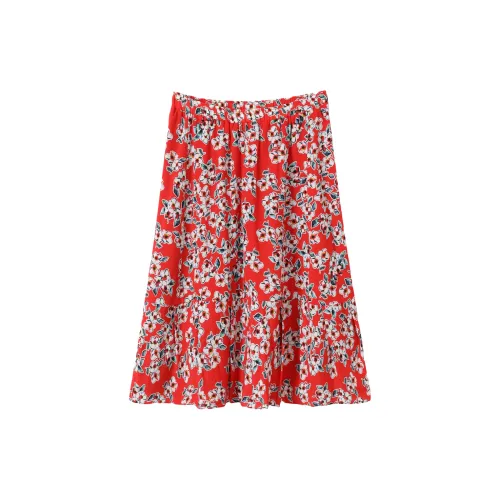 H-YXIANG Casual Long Skirts Women's Red Background With Flowers