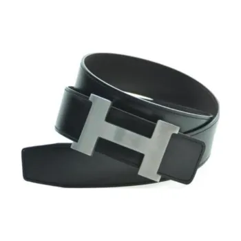 HERMES Badge Decoration Smooth Buckle Genuine Leather Metal Leather Belts Women's Black Width: 4CM