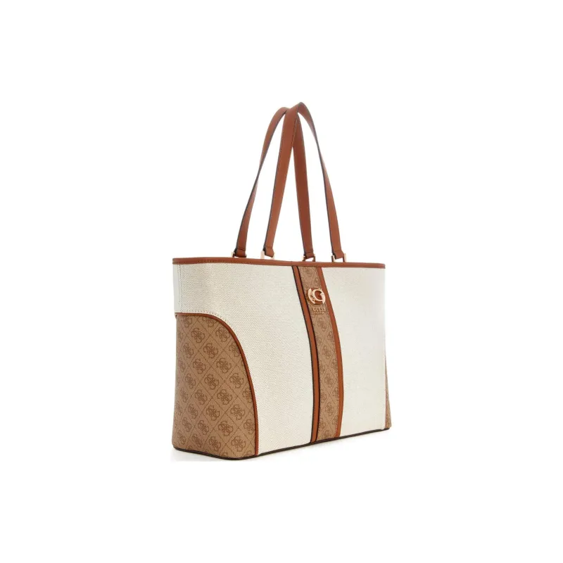 GUESS Artificial Leather With Canvas Canvas Bag Tote Bag Shopping Bag Handbag Women's White & Brown-1