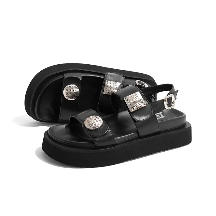 Old Meow Vintage Versatile Flat Outerwear, One Strap Sandals 4cm Women's Black-1