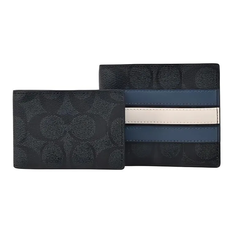 COACH 3 IN 1 Wallet Iconic Canvas Wallet Mini Men's Charcoal Gray & Denim Blue & Chalk White-2
