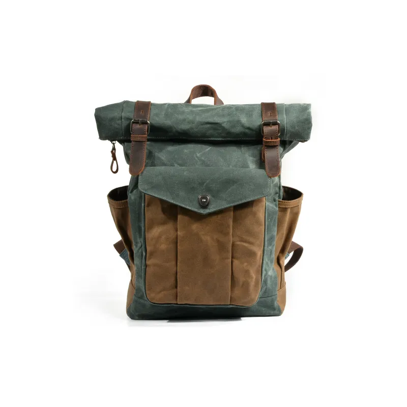 TTaG．baG Top Grain Cow Leather With Shellac Canvas Backpack Men's Dark Gray/Coffee/Military Green Gray Green/Lake Green-10