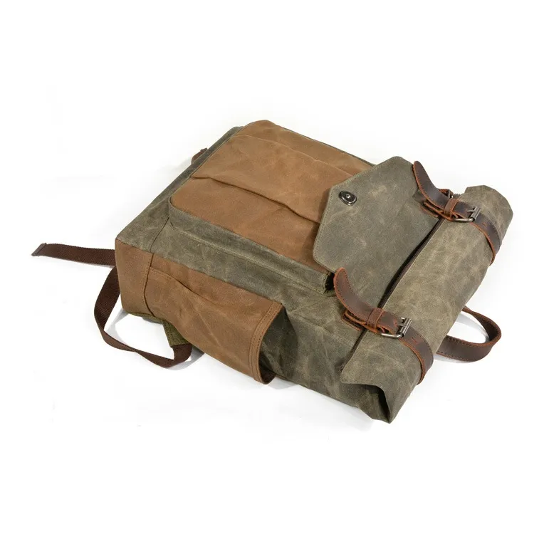 TTaG．baG Top Grain Cow Leather With Shellac Canvas Backpack Men's Dark Gray/Coffee/Military Green Gray Green/Lake Green-4
