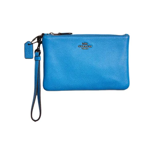 COACH Wristlet Polished Pebbled Leather Clutch Small Size Women's Asphalt Gray With Bright Blue Accents