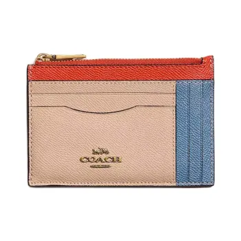 COACH Card Case Cross-Stitch Leather Card Holder Large Size Unisex Brass Multicolor Lake Blue