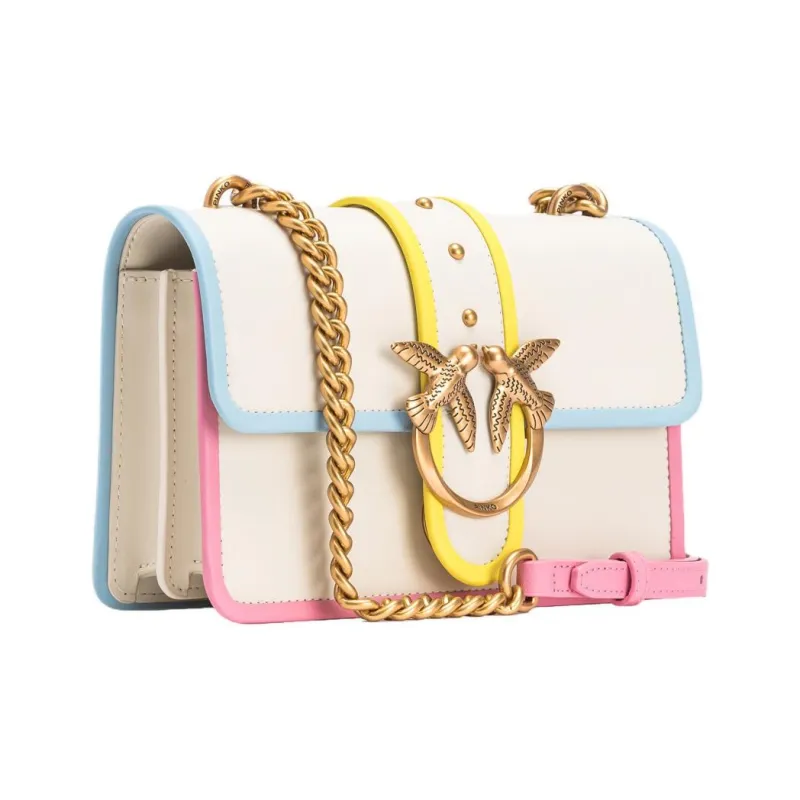 PINKO LOVE Series Leather Crossbody Bag, Shoulder Bag Women's White & Antique Gold-2