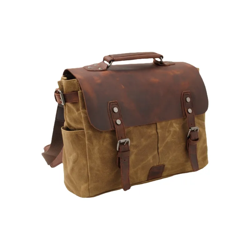TTaG．baG Leather With Batik Canvas Bag, Crossbody Handbag Regular Men's Khaki/Black/Dark Gray/Army Green-5
