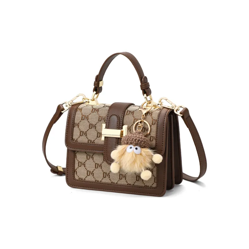 Kevin Cohen Fabric, Synthetic Leather Small Square Bag, Handbag, Shoulder Bag, Crossbody Bag Regular Women's Dark Brown-1