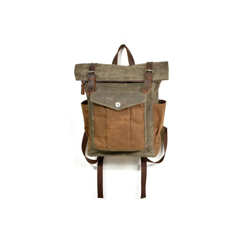 TTaG．baG Top Grain Cow Leather With Shellac Canvas Backpack Men's Dark Gray/Coffee/Military Green Gray Green/Lake Green-6