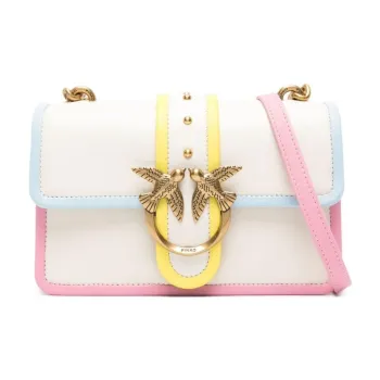 PINKO LOVE Series Leather Crossbody Bag, Shoulder Bag Women's White & Antique Gold
