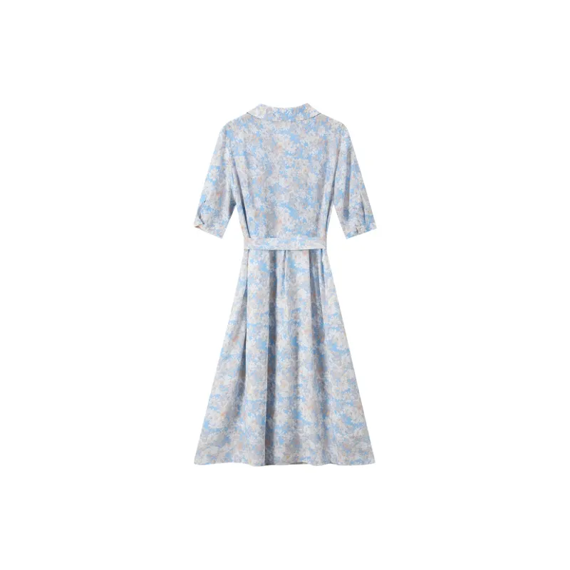 H-YXIANG Short-Sleeved Dresses Women's Blue Background With Floral-1