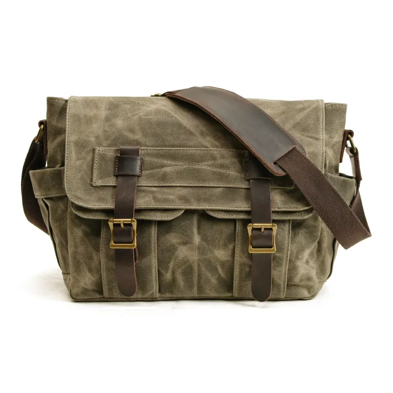 TTaG．baG Oilwax Canvas With Top Grain Cow Leather Canvas Bag Crossbody Bag Men's Khaki/Green/Black/Dark Gray-5