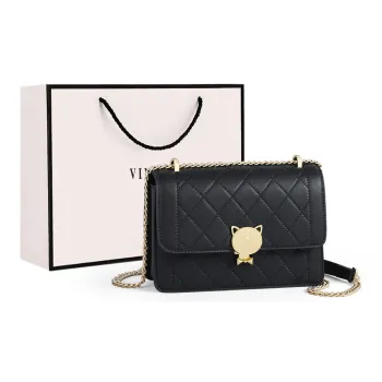 VINEY Cow Leather Patchwork Synthetic Leather Small Square Bag Shoulder Bag Small Size Women's Black/Ecru