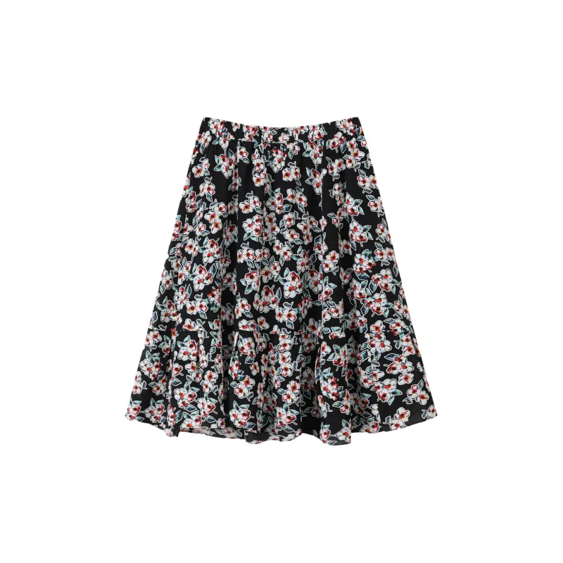 H-YXIANG Casual Long Skirts Women's Black Background With Flowers-1