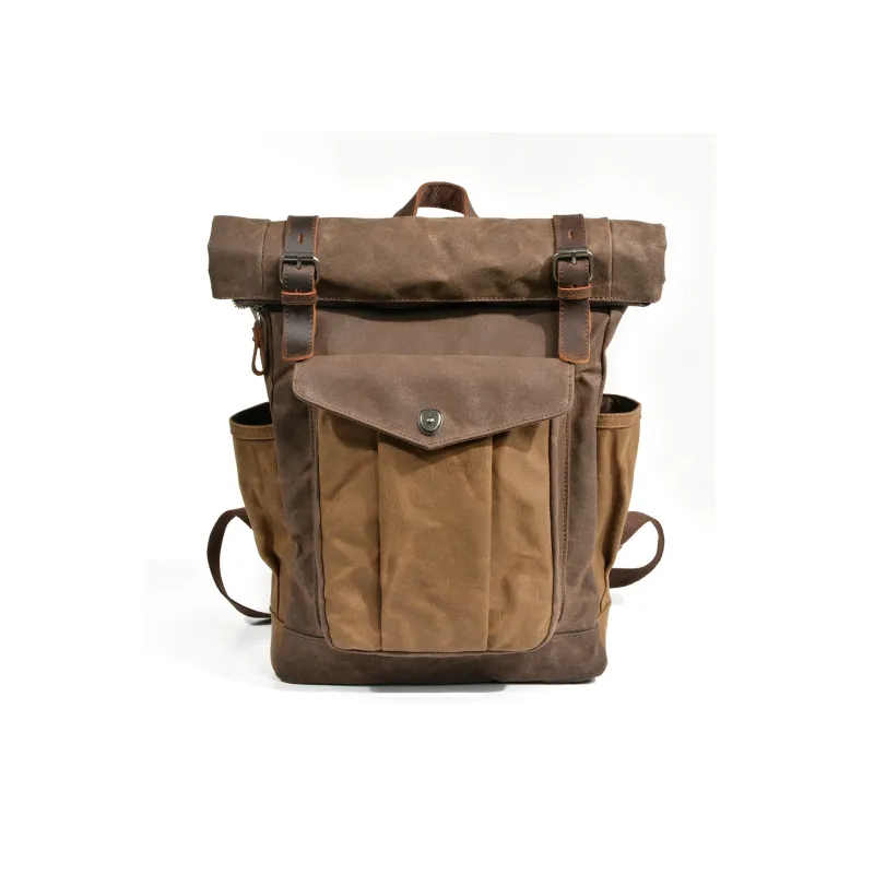 TTaG．baG Top Grain Cow Leather With Shellac Canvas Backpack Men's Dark Gray/Coffee/Military Green Gray Green/Lake Green-1
