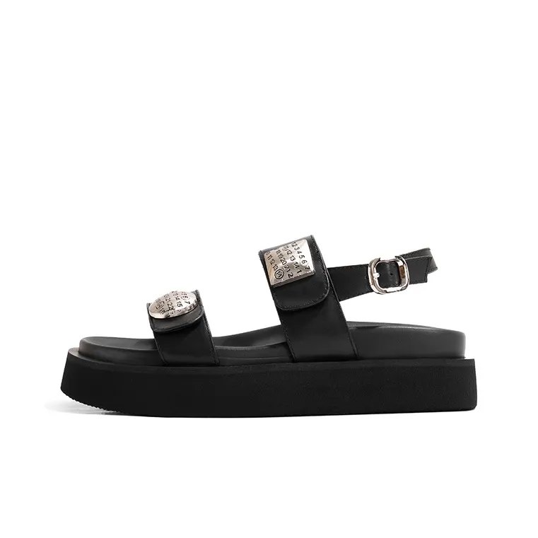 Old Meow Vintage Versatile Flat Outerwear, One Strap Sandals 4cm Women's Black-0
