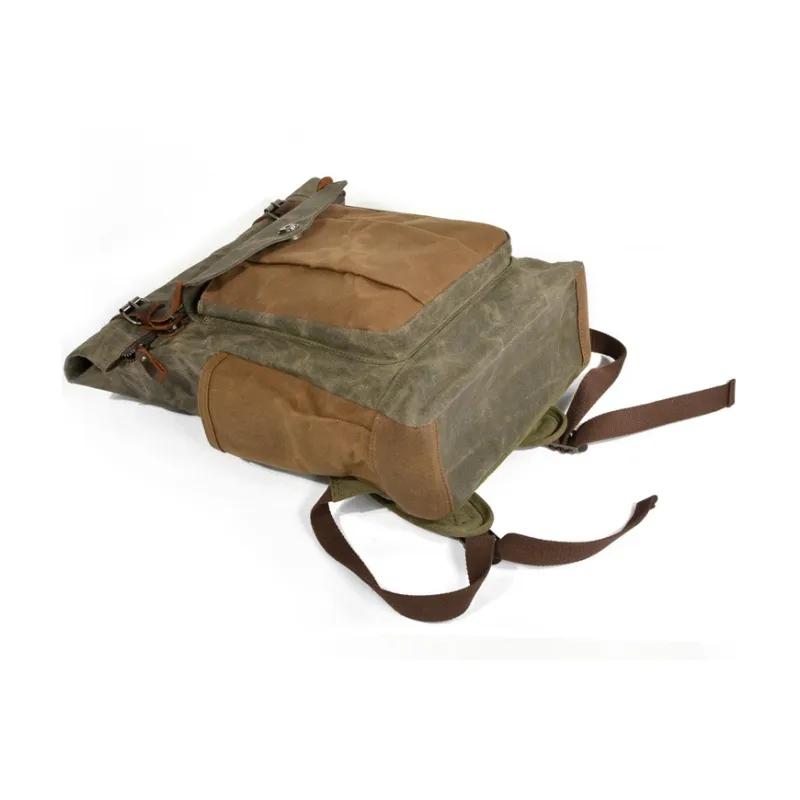 TTaG．baG Top Grain Cow Leather With Shellac Canvas Backpack Men's Dark Gray/Coffee/Military Green Gray Green/Lake Green-3