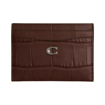 COACH Card Case Crocodile Embossed Leather Card Holder Mini Women's Silver & Maple